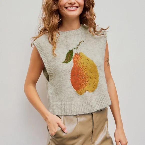 KNIT WOOL-BLEND ROUND NECKLINE PEAR GRAPHIC VEST Women's Small - Picture 7 of 11